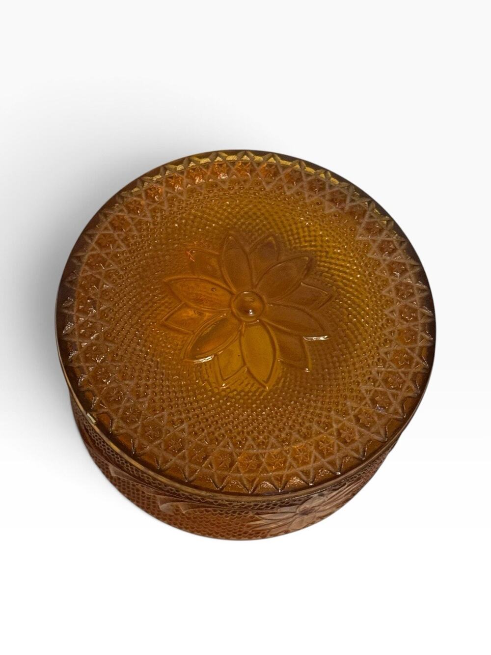 Tiara Amber Trinket Puff Dish With Lid Sandwich Glass Vintage Vanity Jewelry Jar